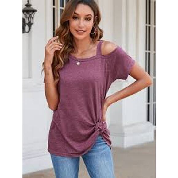 NEW WOMEN'S WINE RED ONE COLD SHOULDER TWIST KNOT TUNIC SHIRT SIZE 2XL - Picture 5 of 8
